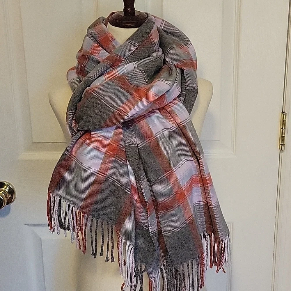 Classic oversized pink gray Plaid Scarf wrap